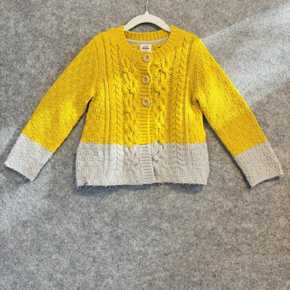 Mini Boden Sweater Youth Size 5-6 Yellow Gray Cardigan Cable 3 Button